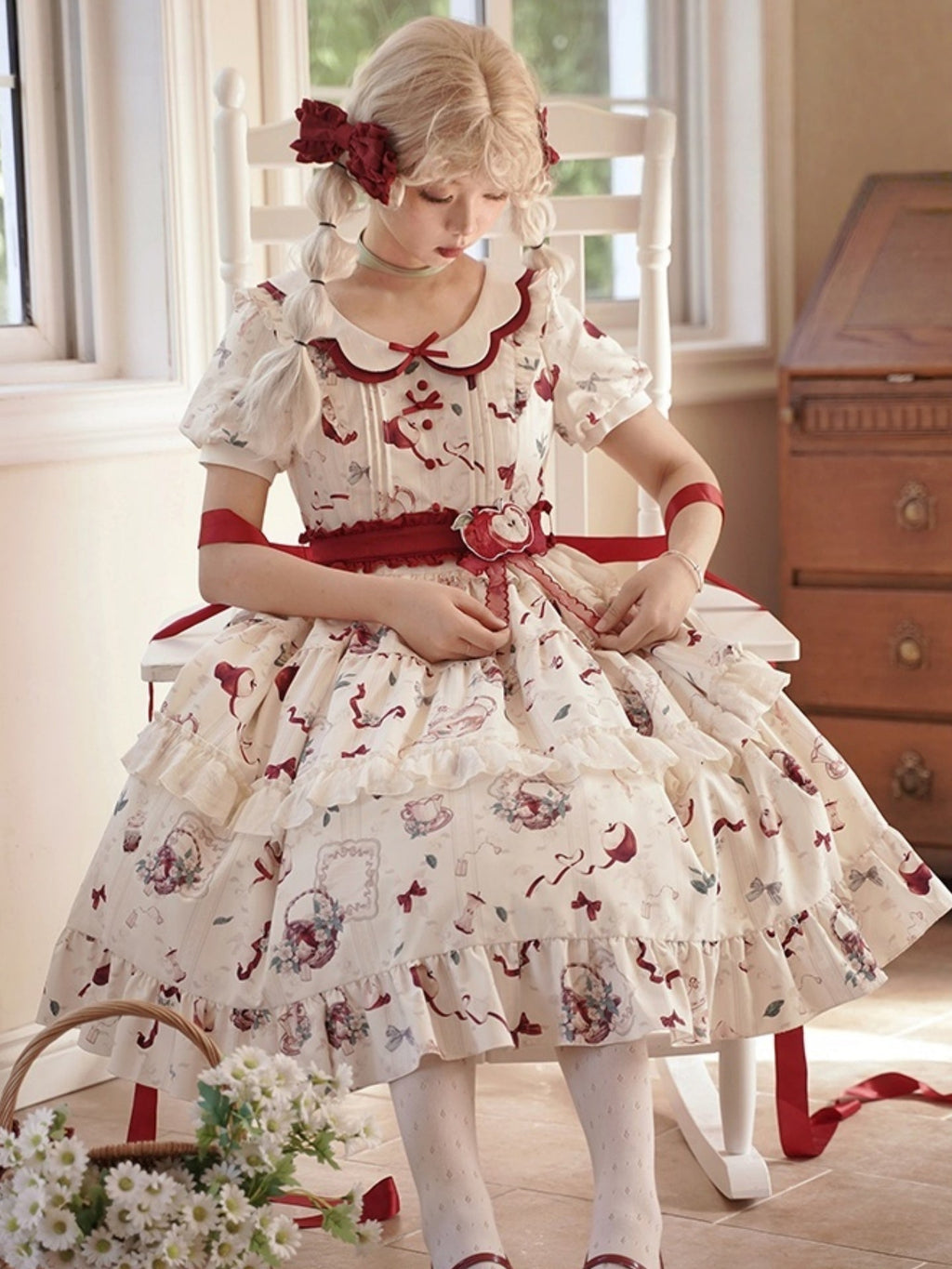 Sweet Lolita Idyllic Strawberry Printed Cream Short Sleeved Ruffle Dress