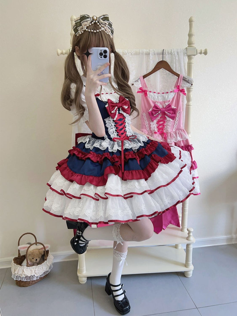 Sweet Lolita Pink Cute Short Princess Lace Dress Puff Spring