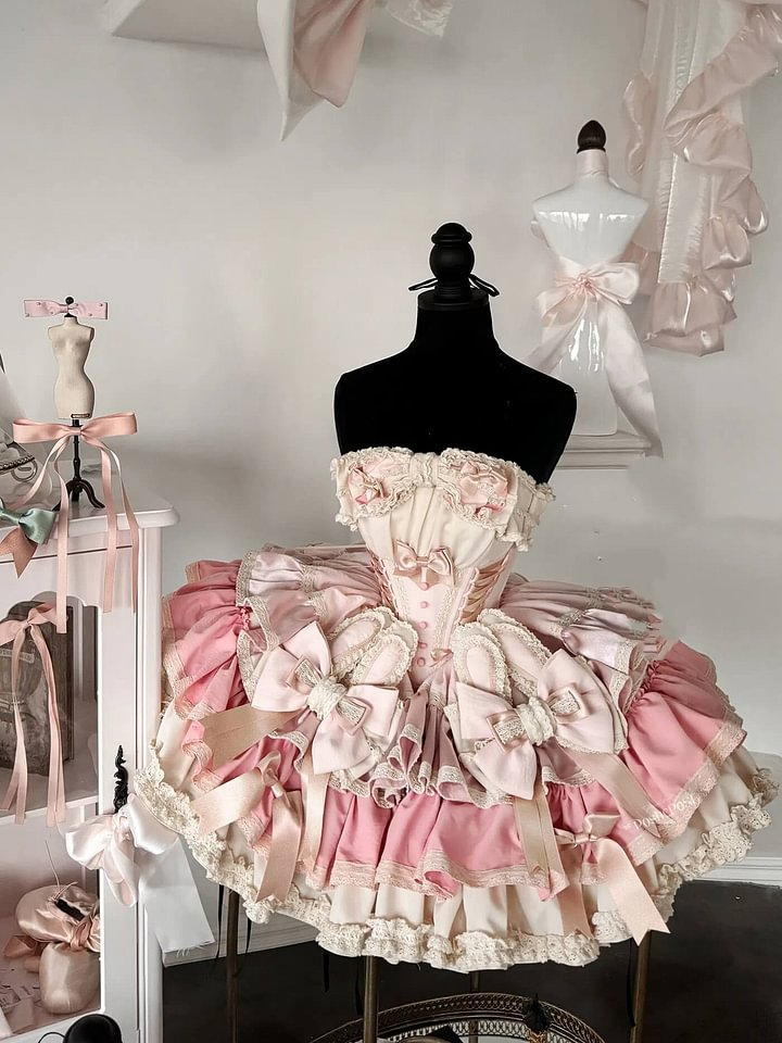 Sweet Lolita Ribbon Ballet Style Bunny Ears Cake Dress Pink-green Ruffles