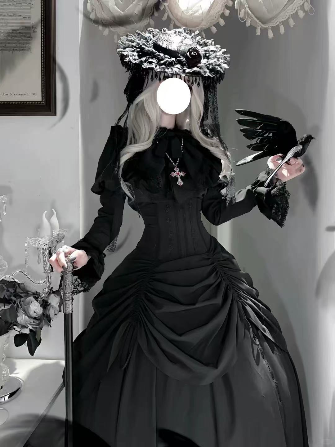 Goth Lolita Black Dark Witch Waist-Cinched Dress for Halloween Autumn