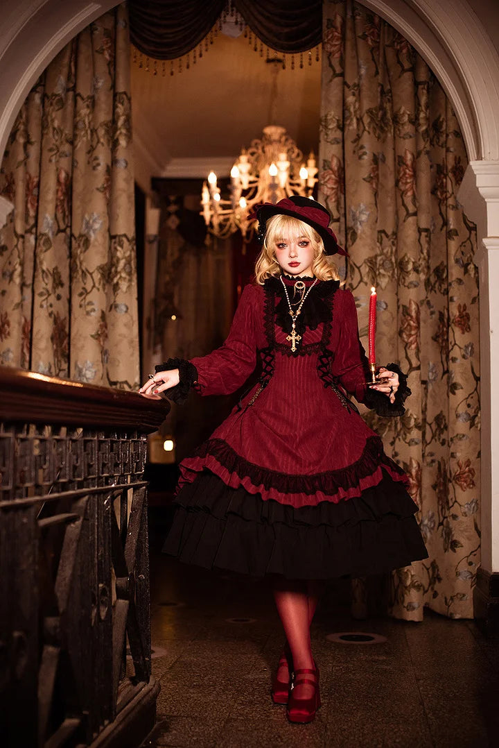 Goth Lolita Classic Vintage Dress Victorian Black Red Maxi Dresses