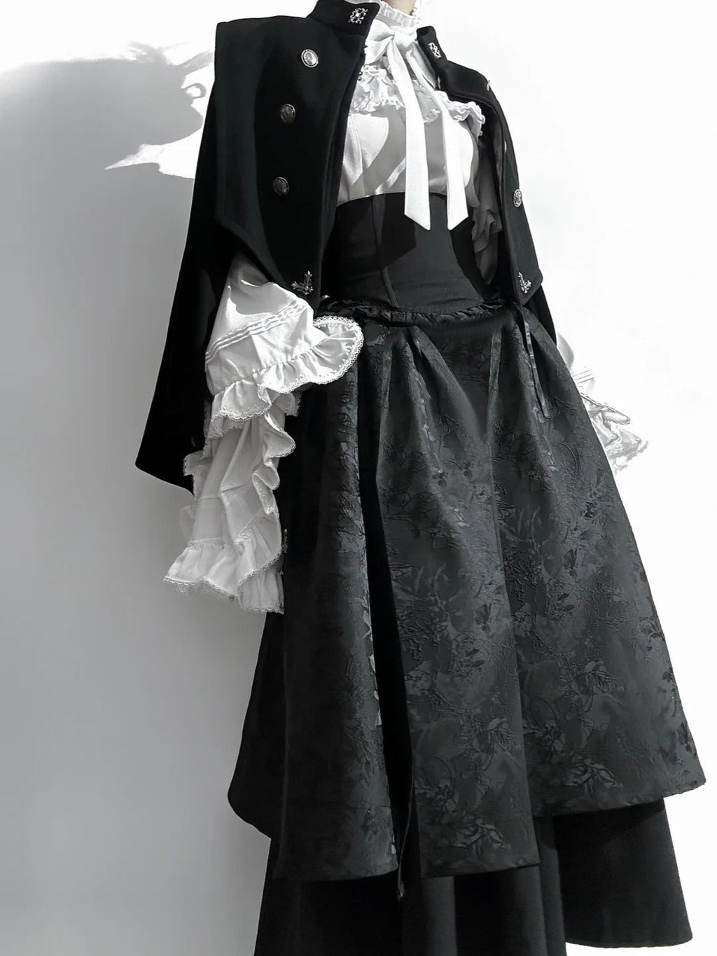 Gothic Lolita Black and Red Long Dress Shirt Sleeve Skirt+Top Set for Christmas