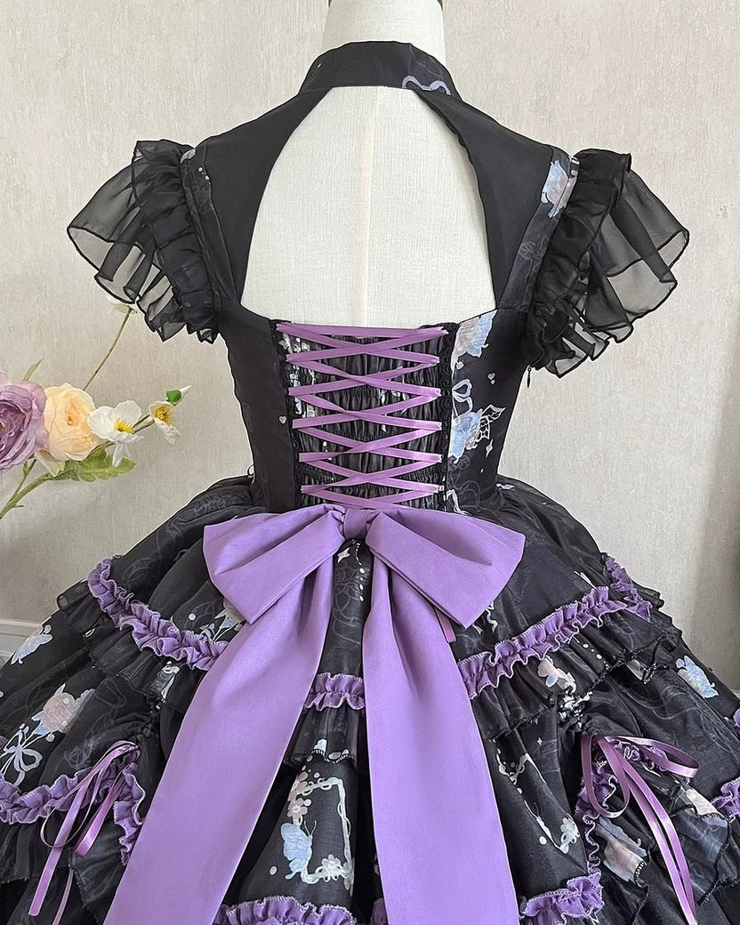 Gothic Lolita Purple Princess Black Ruffle Lace with Bow Cake Dress