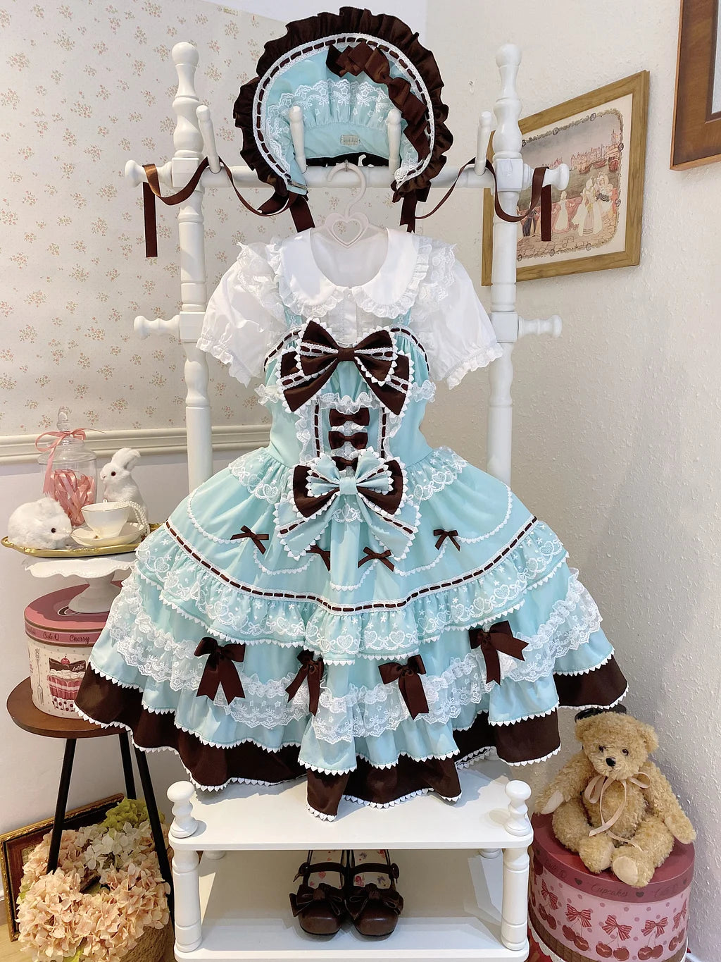 Hime Lolita Sweet Mint Chocolate Layer Trimmed Dress Cake Dress for Tea Party
