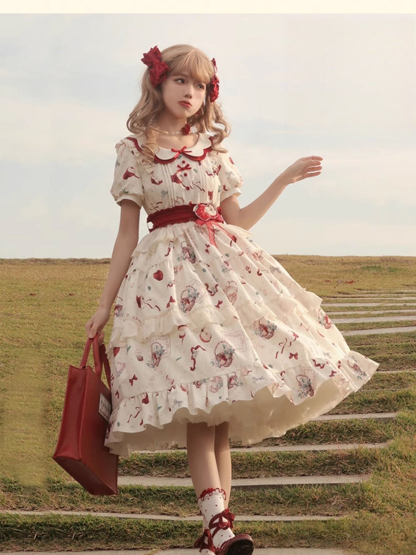 Sweet Lolita Idyllic Strawberry Printed Cream Short Sleeved Ruffle Dress