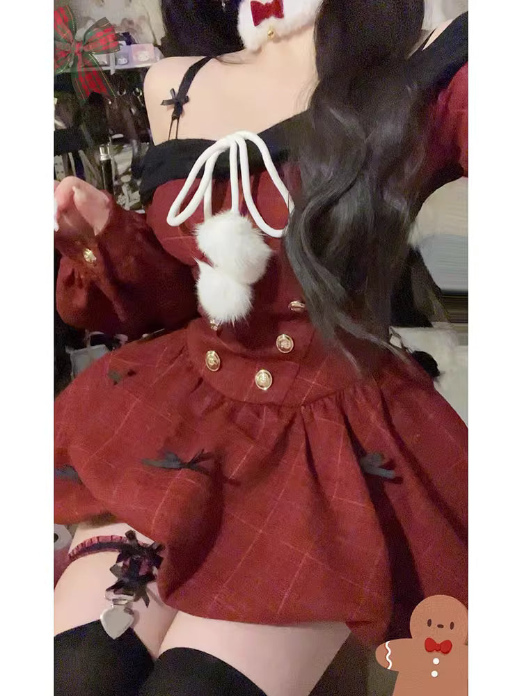 Sweet Lolita Red Off-Shoulder Long Sleeve Flared Dress Winter for Christmas