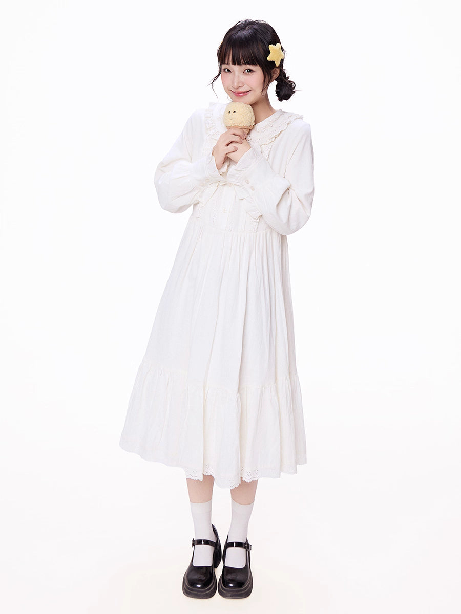 Sweet Lolita White Peter Pan Collar Jacquard Ribbon Bow Fall Daily
