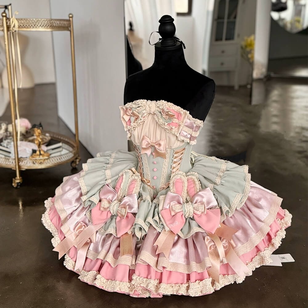 Sweet Lolita Ribbon Ballet Style Bunny Ears Cake Dress Pink-green Ruffles