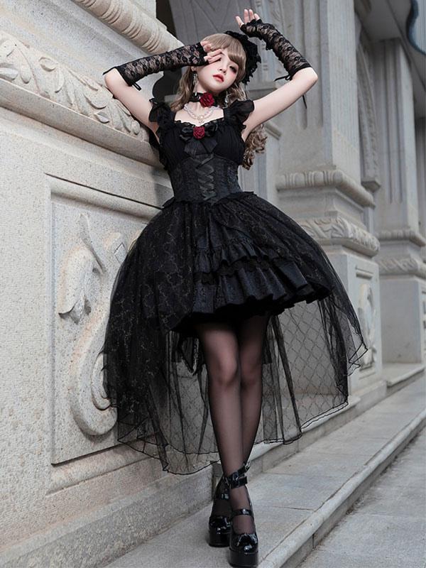 Gothic Lolita Ball Gown Black Rose Jacquard with Ribbon Lace Bow