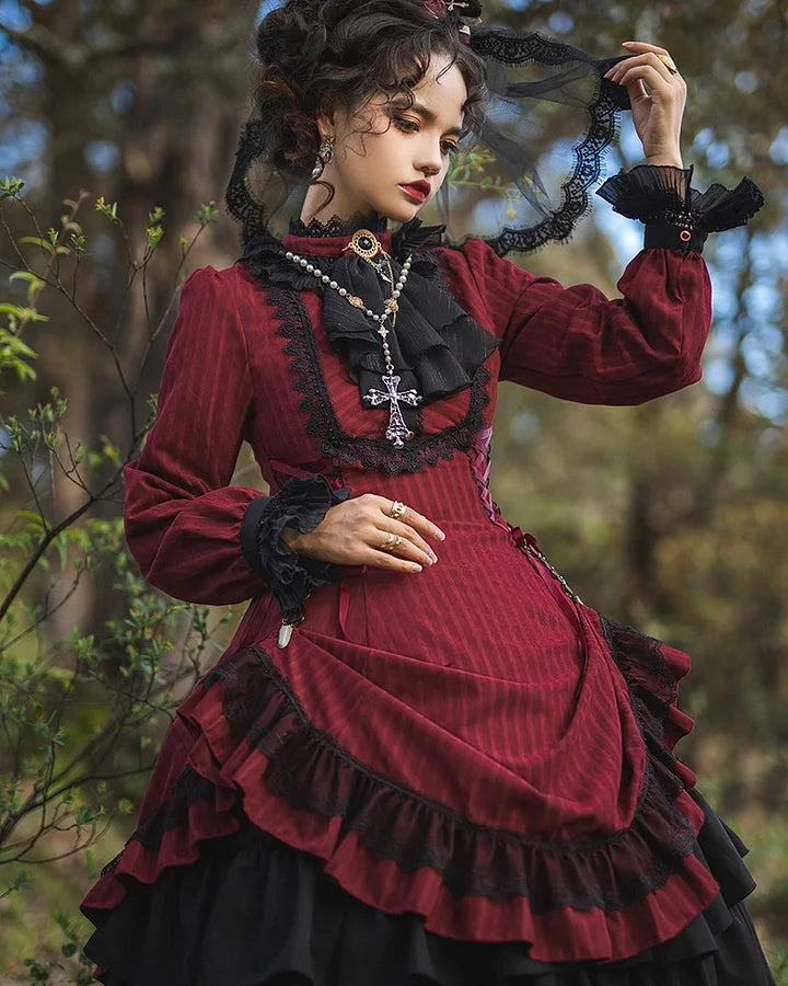 Goth Lolita Classic Vintage Dress Victorian Black Red Maxi Dresses