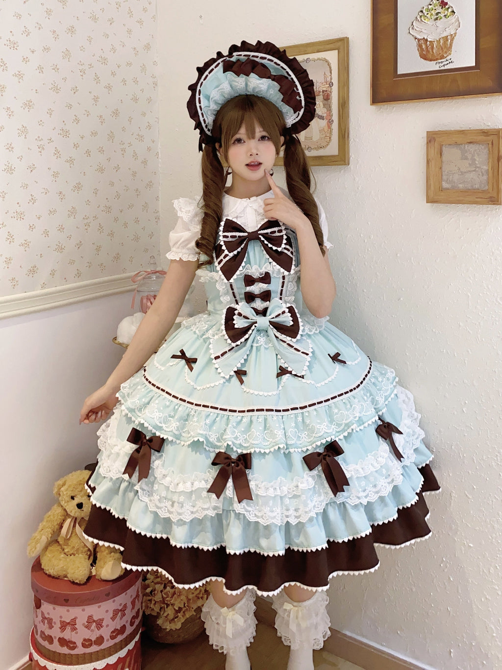 Hime Lolita Sweet Mint Chocolate Layer Trimmed Dress Cake Dress for Tea Party