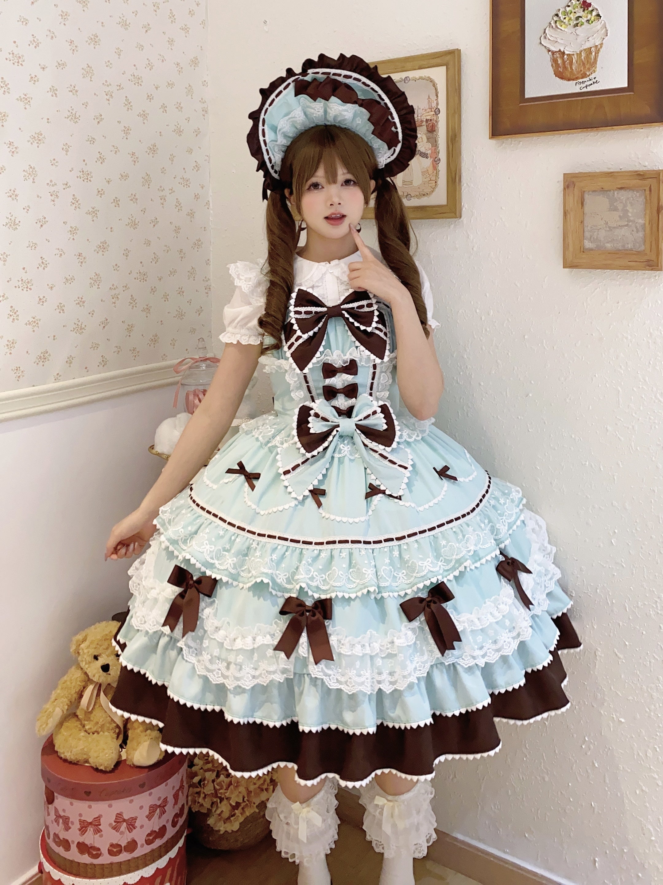 Hime Lolita Sweet Mint Chocolate Layer Trimmed Dress Cake Dress for Tea Party