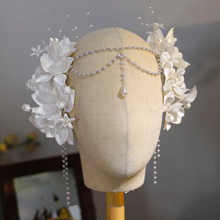 Lolita Accessories French Vintage Gardenia Flower Pearl Chain Hairpin for Wedding