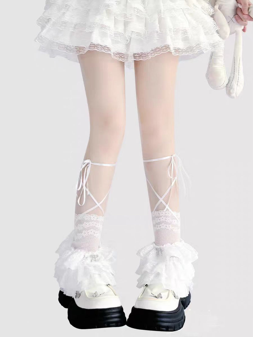 Lolita Accessories White Stockings Ribbon Tie Stacked Socks Lace Leg 3 Colors