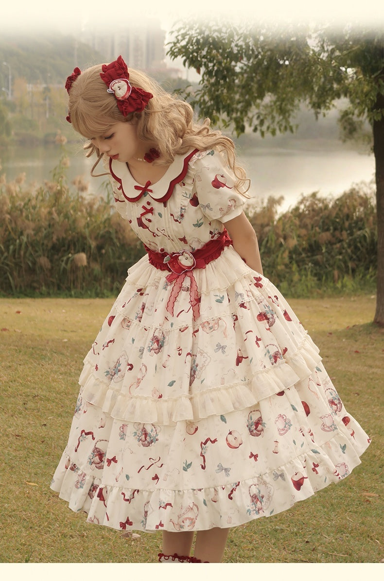 Sweet Lolita Idyllic Strawberry Printed Cream Short Sleeved Ruffle Dress