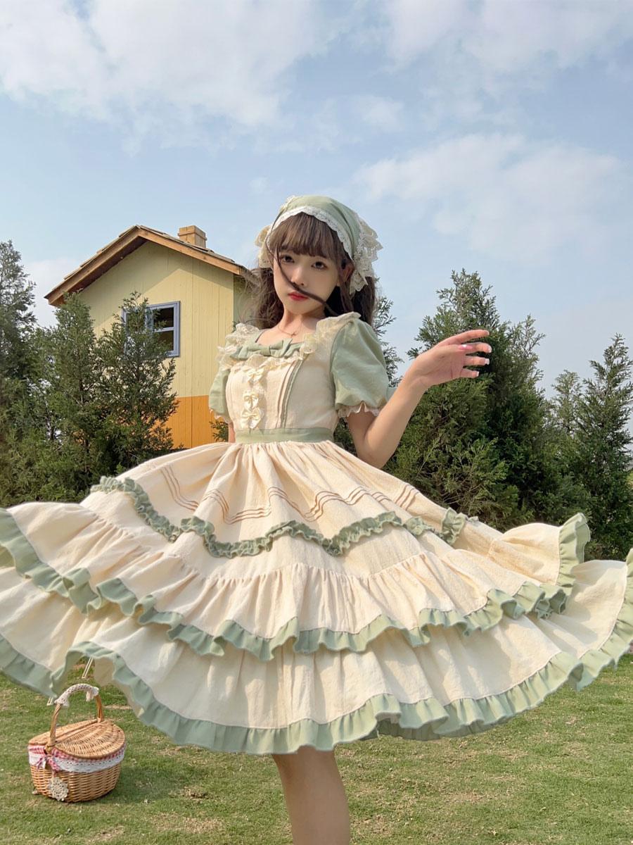 Sweet Lolita Maid Green Forest Ruffle Country Style Long Cake Layer Dress Daily