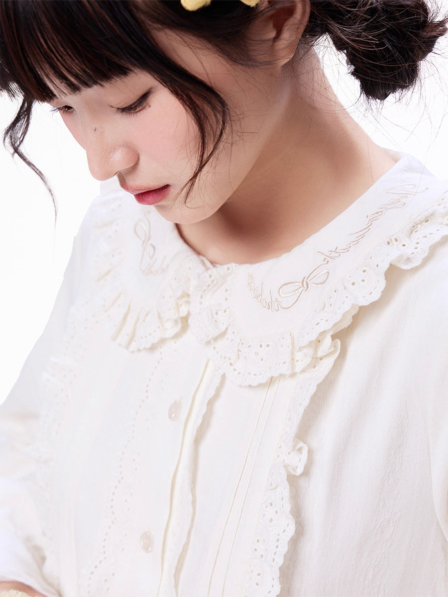 Sweet Lolita White Peter Pan Collar Jacquard Ribbon Bow Fall Daily