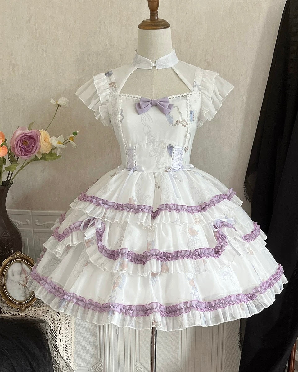 Gothic Lolita Purple Princess Black Ruffle Lace with Bow Cake Dress