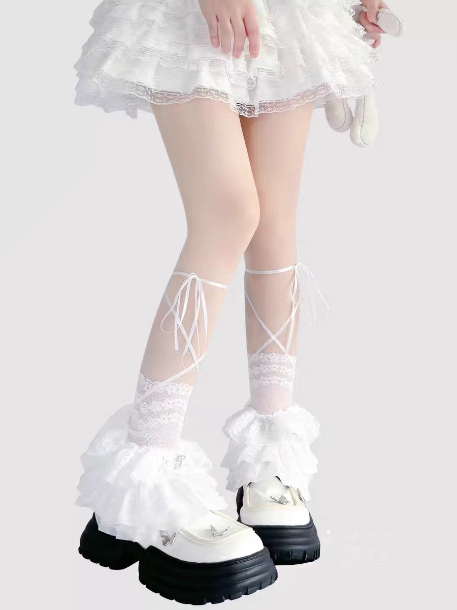 Lolita Accessories White Stockings Ribbon Tie Stacked Socks Lace Leg 3 Colors
