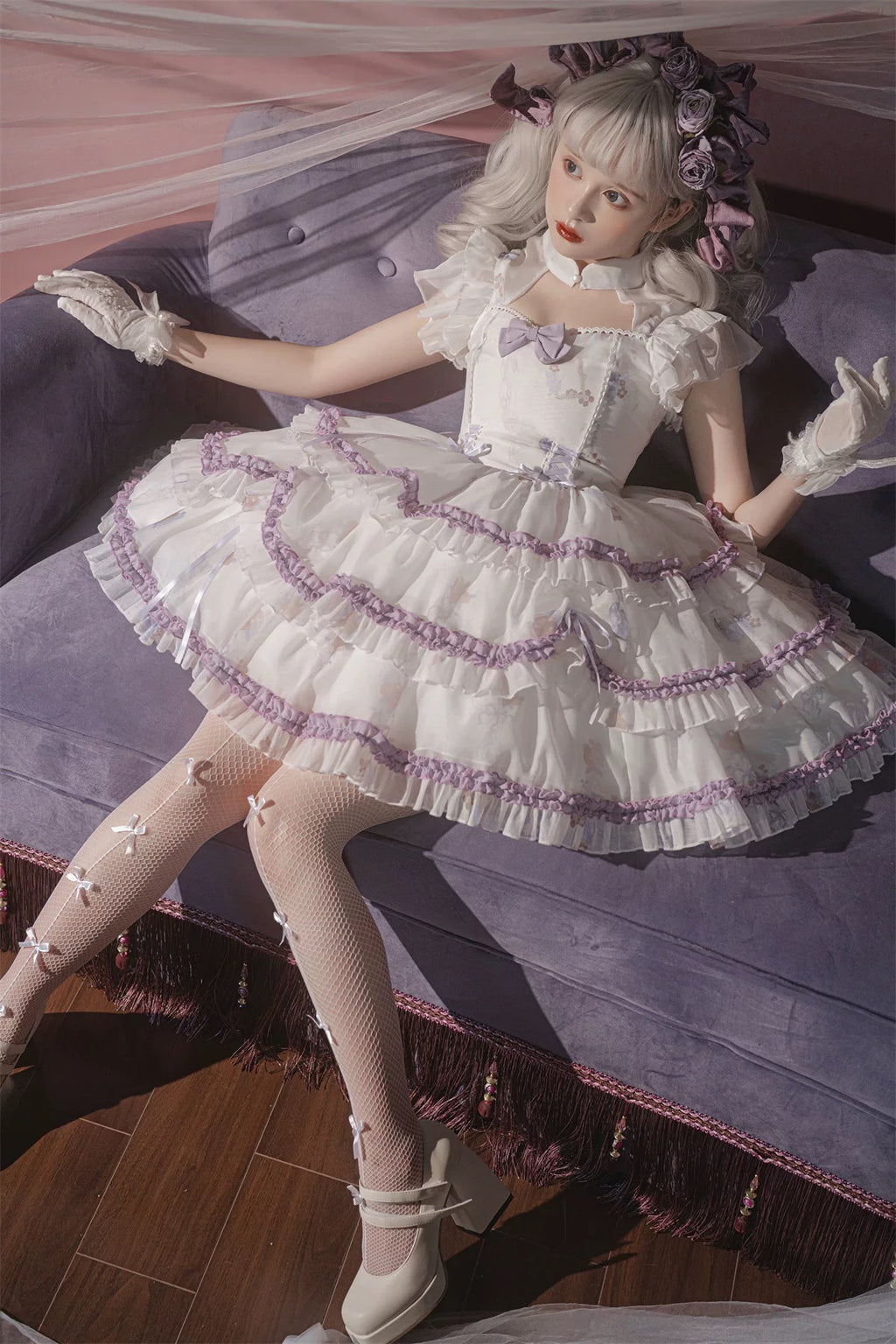 Gothic Lolita Purple Princess Black Ruffle Lace with Bow Cake Dress