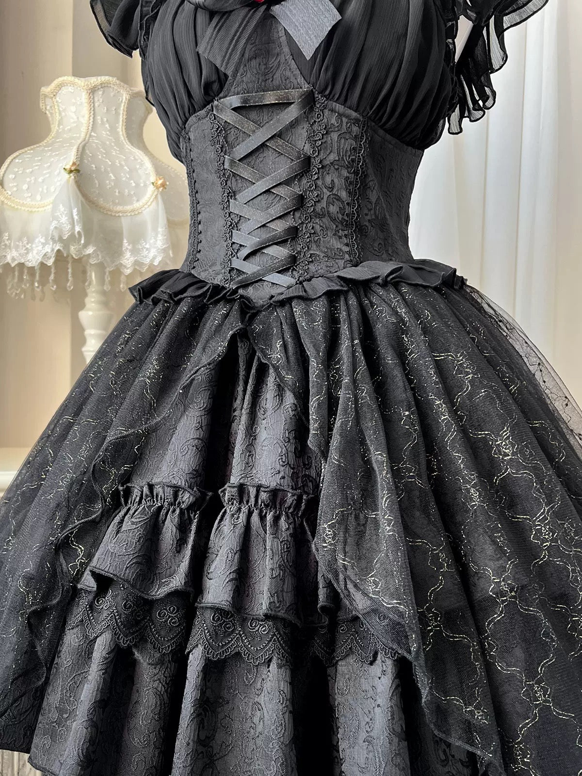 Gothic Lolita Ball Gown Black Rose Jacquard with Ribbon Lace Bow