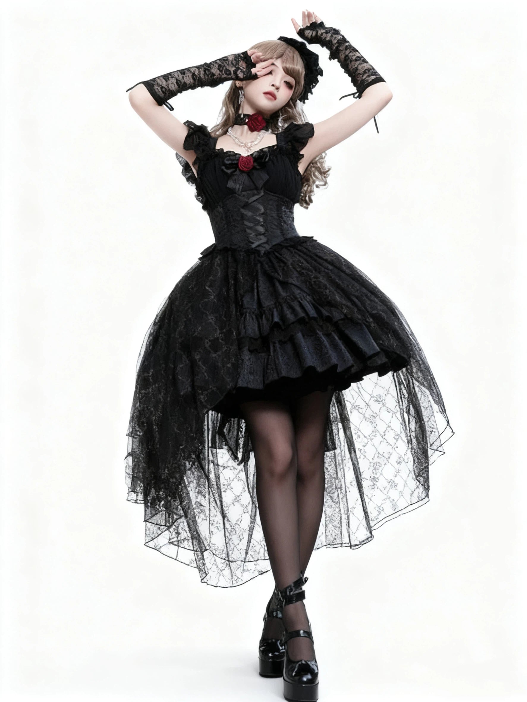 Gothic Lolita Ball Gown Black Rose Jacquard with Ribbon Lace Bow