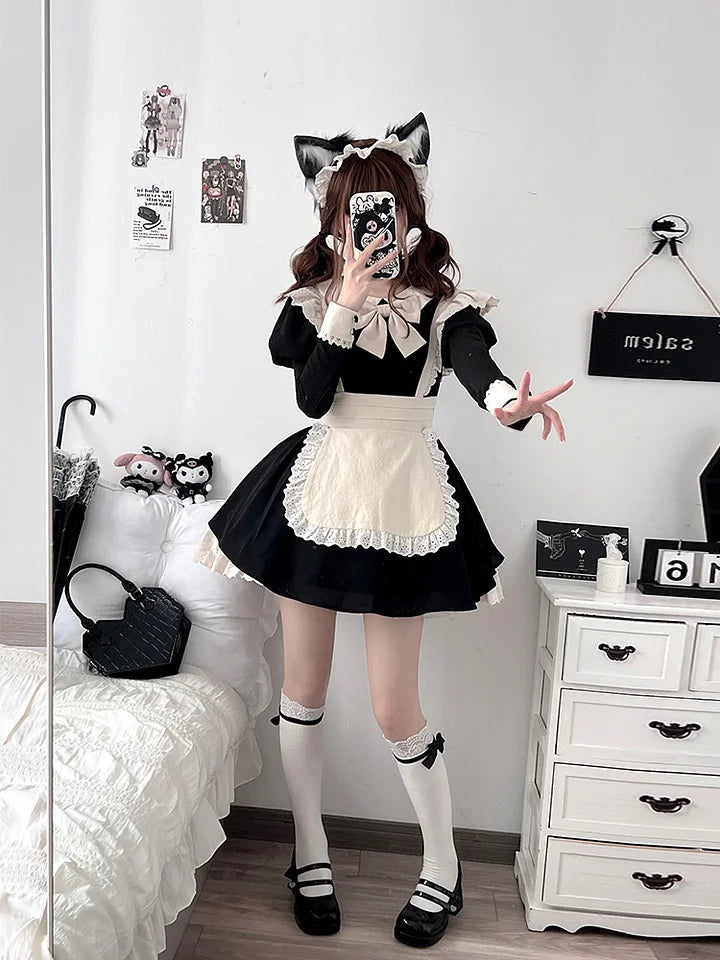 Classic Lolita Maid Black Pleated Bow Dresses with Apron