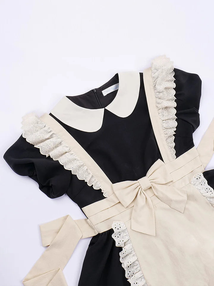 Classic Lolita Maid Black Pleated Bow Dresses with Apron