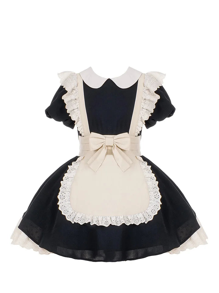 Classic Lolita Maid Black Pleated Bow Dresses with Apron