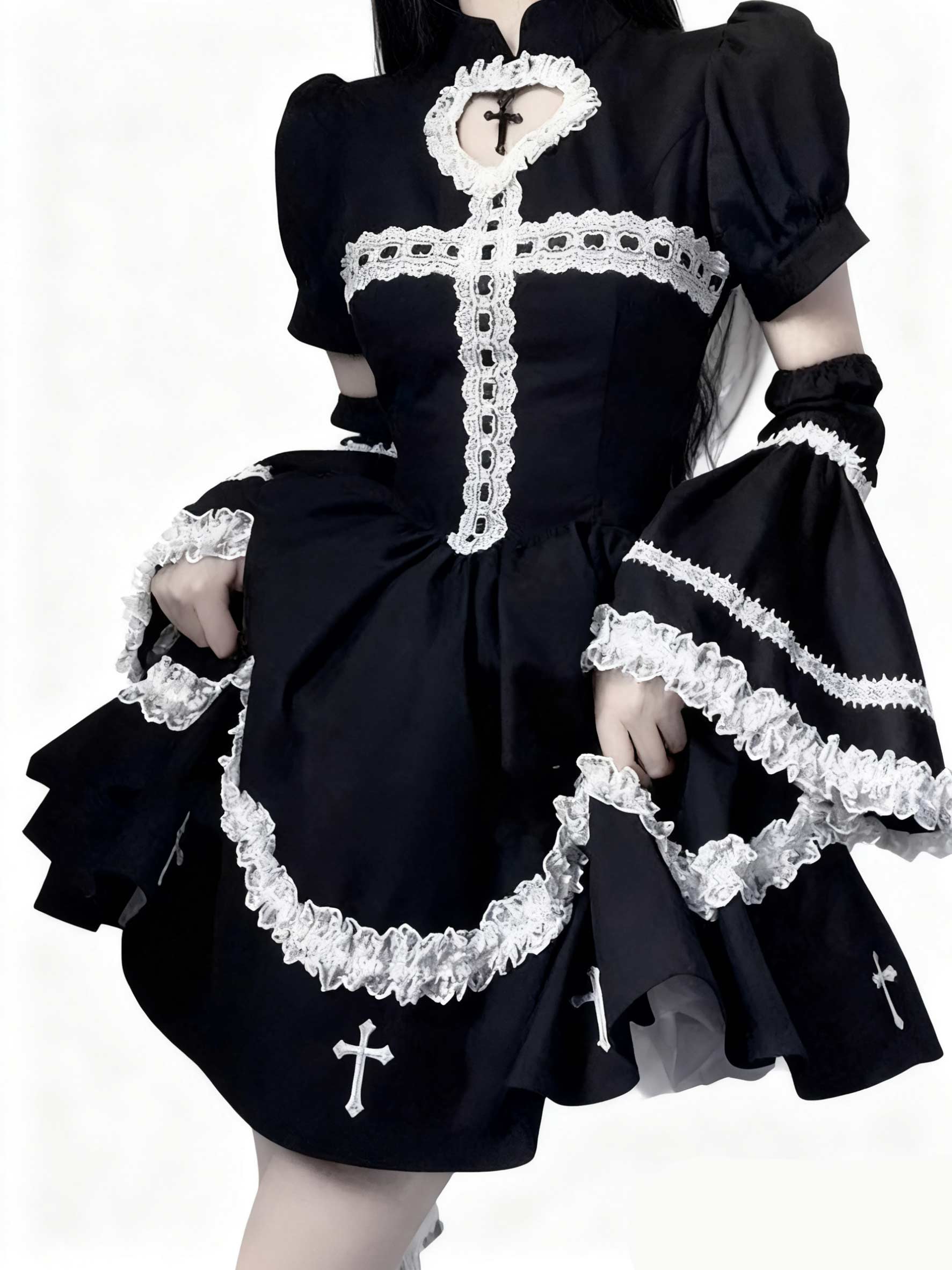 Goth Lolita Black Y2K Subculture Cross Hot Girl One Piece Short Dress For Halloween
