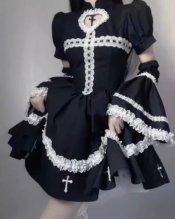 Goth Lolita Black Y2K Subculture Cross Hot Girl One Piece Short Dress For Halloween