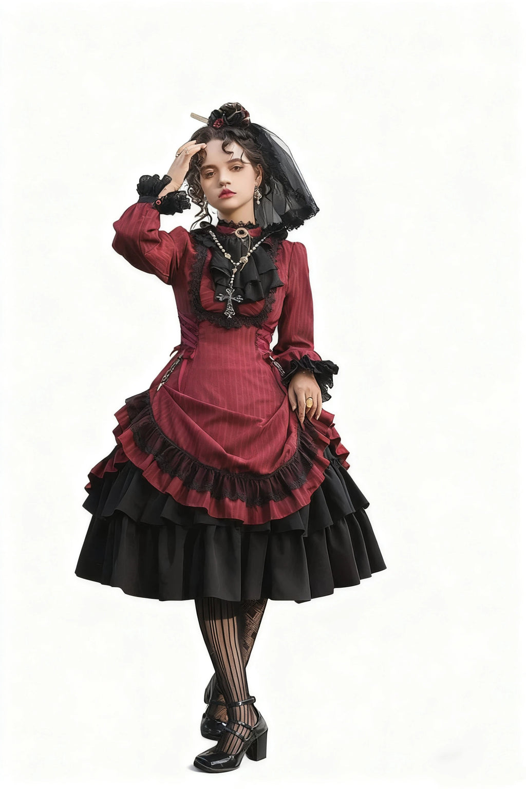 Goth Lolita Classic Vintage Dress Victorian Black Red Maxi Dresses