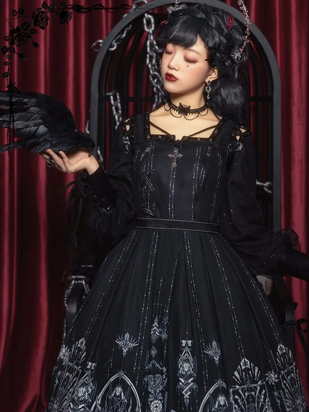 Goth Lolita Dark Black Printed Dress Plus Size 3XL Jumper Skirt