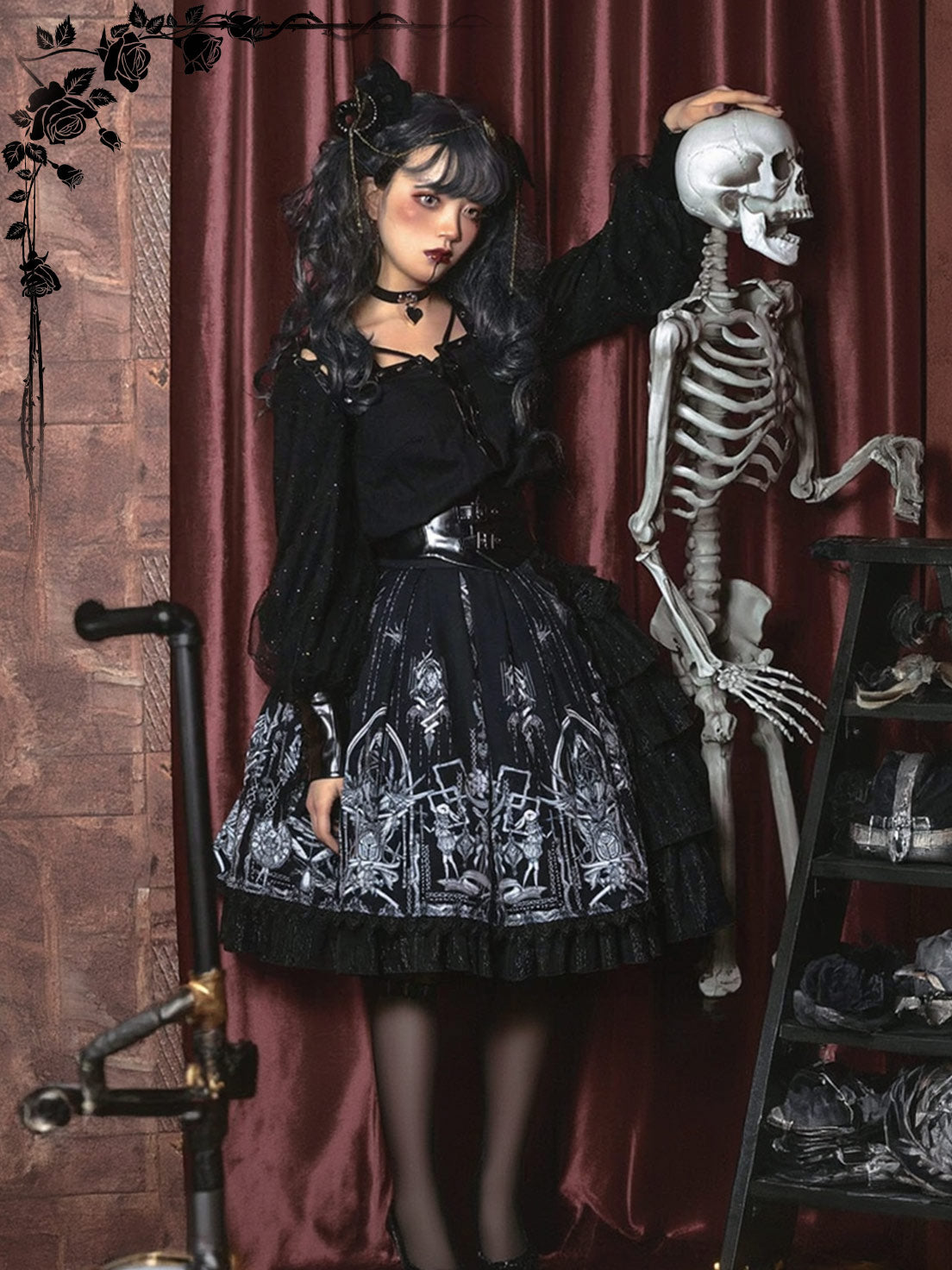 Goth Lolita Dark Black Printed Dress Plus Size 3XL Jumper Skirt