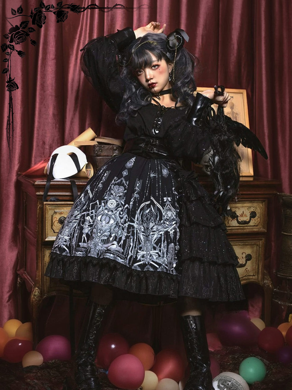 Goth Lolita Dark Black Printed Dress Plus Size 3XL Jumper Skirt