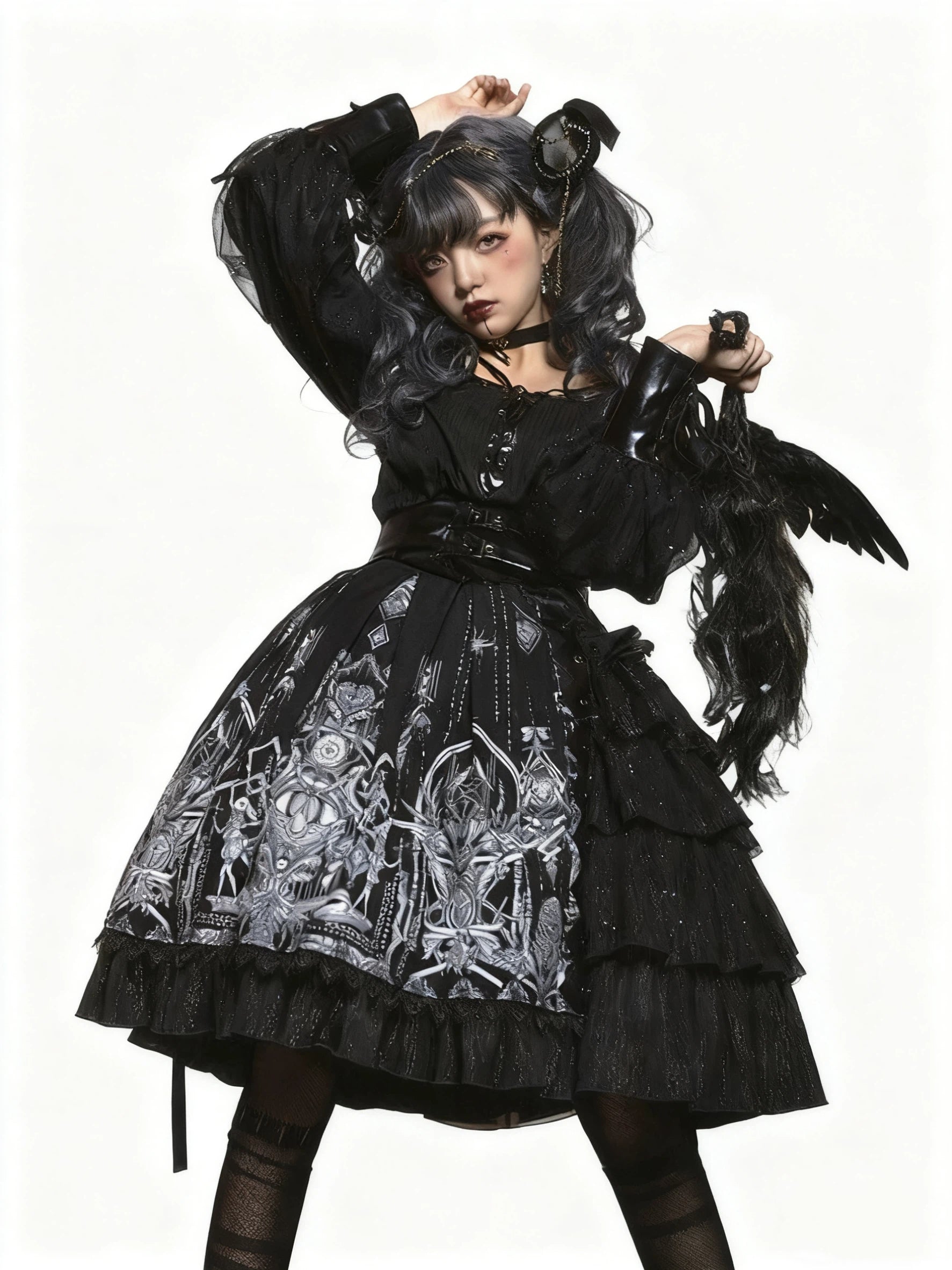 Goth Lolita Dark Black Printed Dress Plus Size 3XL Jumper Skirt