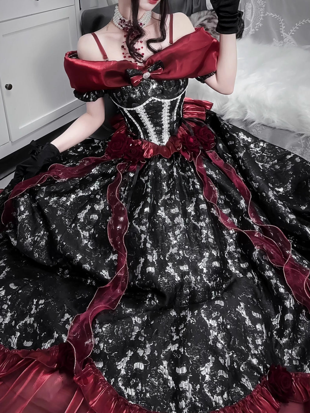 Goth Prom Lolita Black and Red Ball Gown Evening Dress for Tea Party