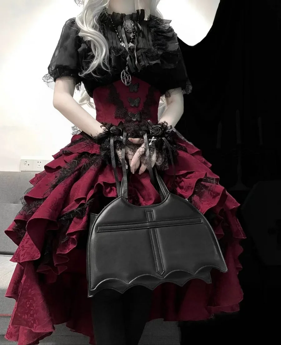 Goth Prom Lolita Black Red Ruffles Skirt Lace Dress for Halloween