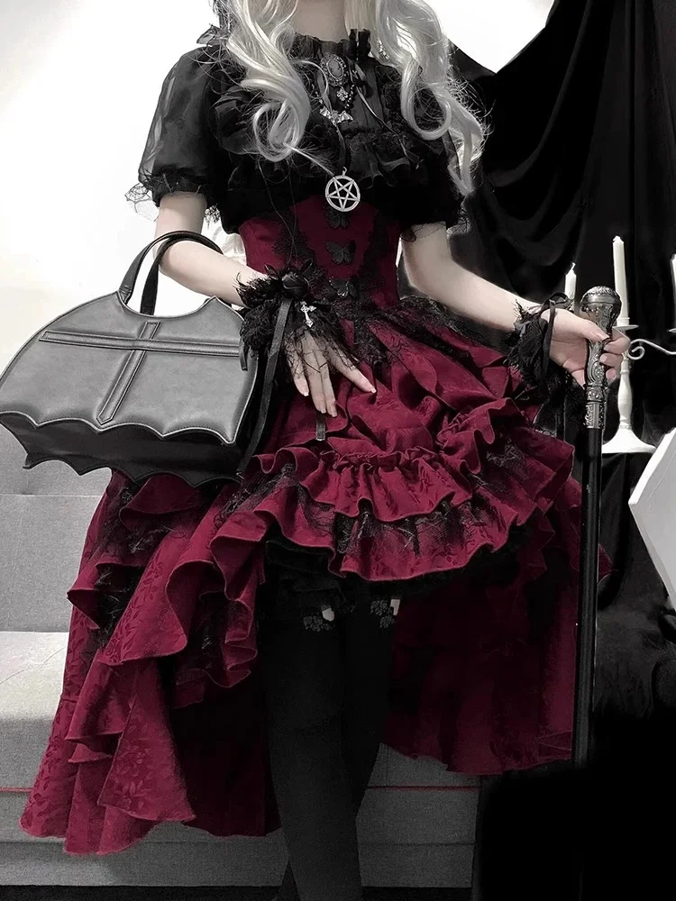 Goth Prom Lolita Black Red Ruffles Skirt Lace Dress for Halloween
