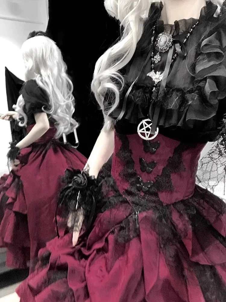 Goth Prom Lolita Black Red Ruffles Skirt Lace Dress for Halloween