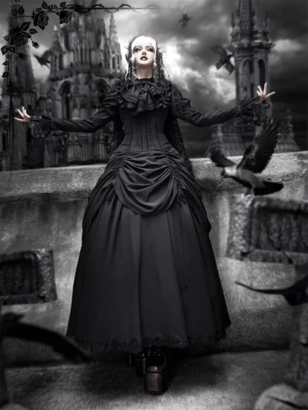 Goth Prom Lolita Diablo Black Long Ruffled Gown Dress