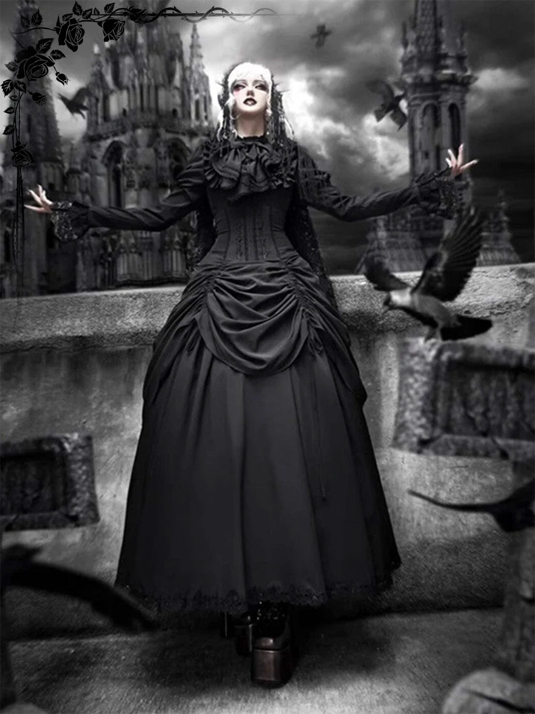 Goth Prom Lolita Diablo Black Long Ruffled Gown Dress