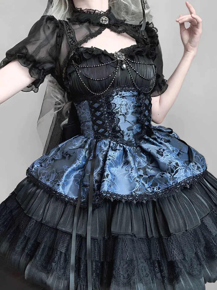 Gothic Lolita Ball Gown Cake Dress with Jacquard  Ruffles Jumper Skirt 2 Colors