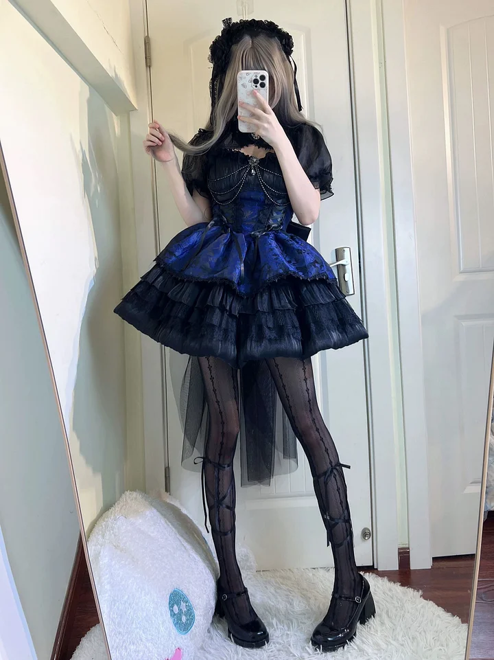 Gothic Lolita Ball Gown Cake Dress with Jacquard  Ruffles Jumper Skirt 2 Colors