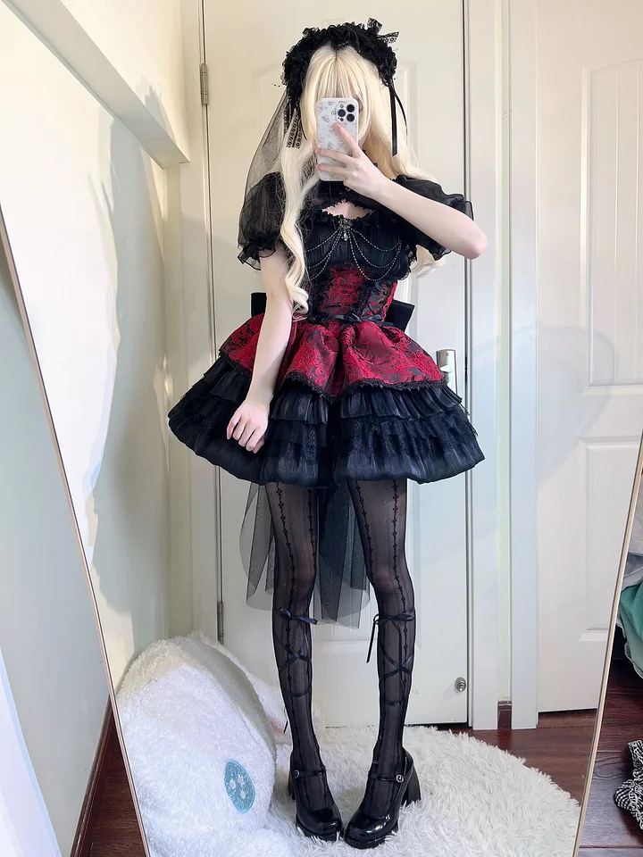 Gothic Lolita Ball Gown Cake Dress with Jacquard  Ruffles Jumper Skirt 2 Colors