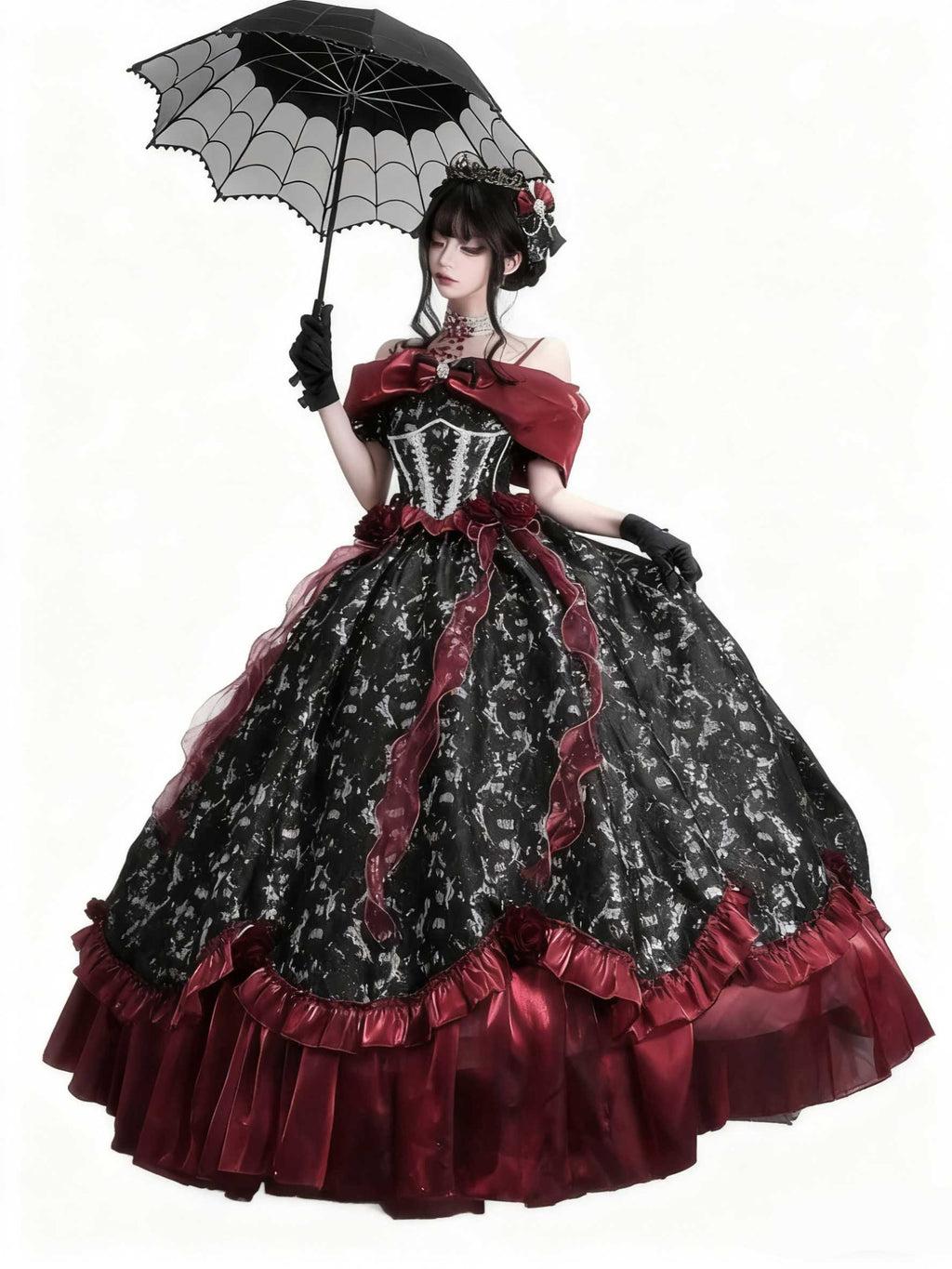 Gothic Lolita Ball Gown Prom Evening Dress Black Red Off Shoulder Ruffles for Party