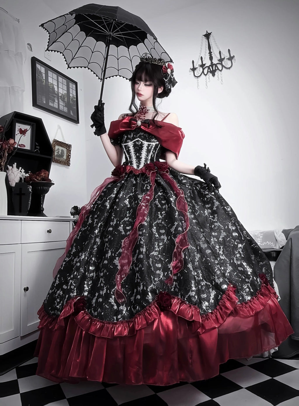 Gothic Lolita Ball Gown Prom Evening Dress Black Red Off Shoulder Ruffles for Party