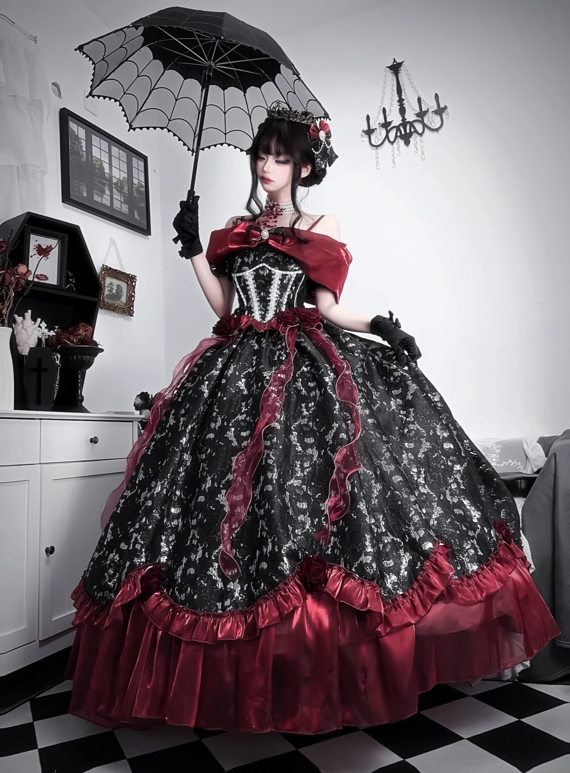 Gothic Lolita Ball Gown Prom Evening Dress Black Red Off Shoulder Ruffles for Party