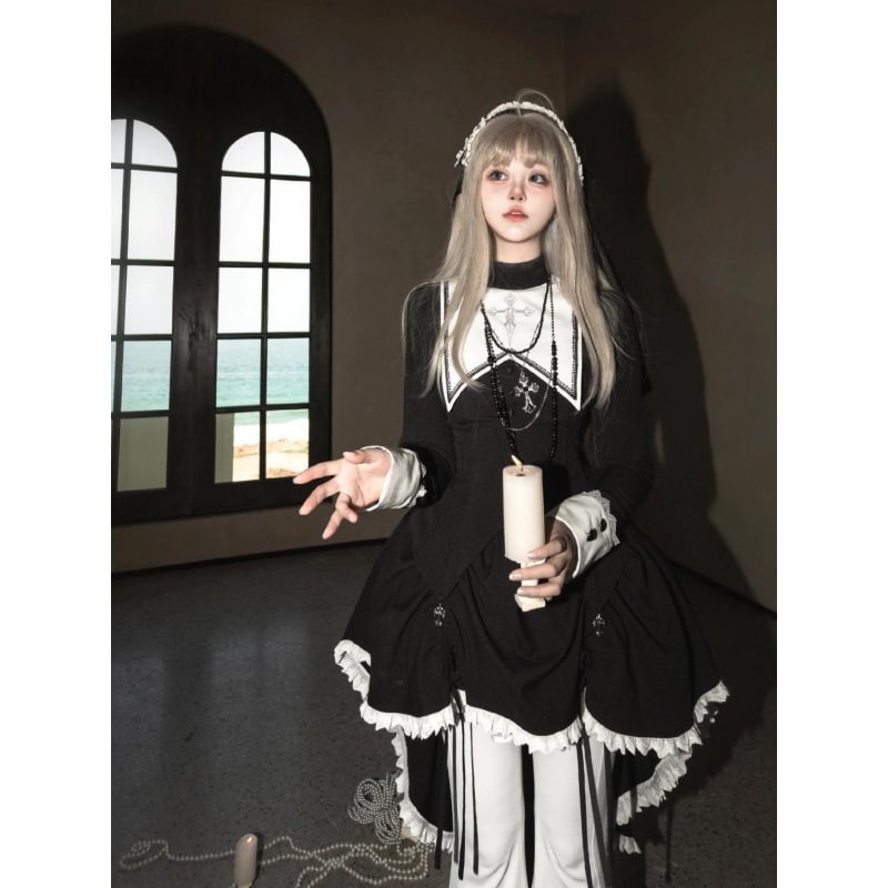 Gothic Lolita Black Printed Cross Tail Irregular Suit Dress for Halloween
