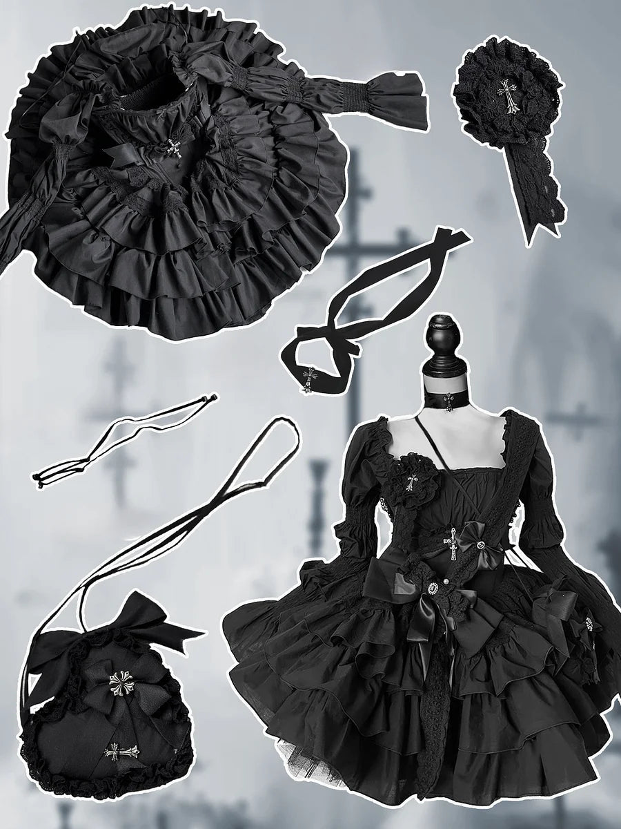 Gothic Lolita Black Swan Cake Dress Ruffle Lace Lolita Short Dress for Party